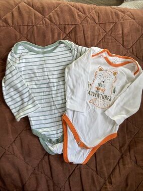 Striped Green & White and Orange-Trim Fox Graphic Baby Bodysuit Set